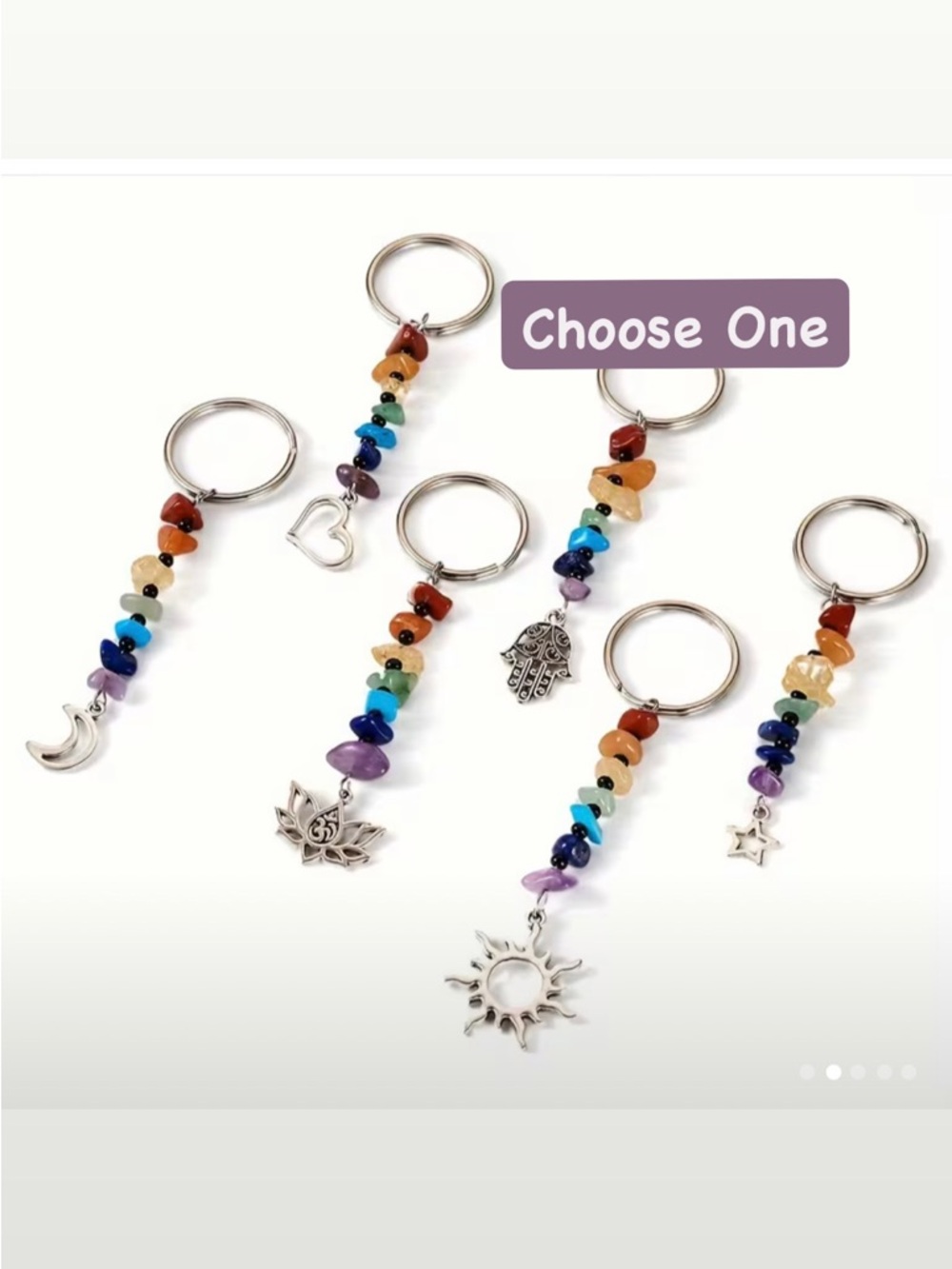 Chakra Stone Bead Keychain with Silver Charm - Assorted Symbols CHOOSE ONE